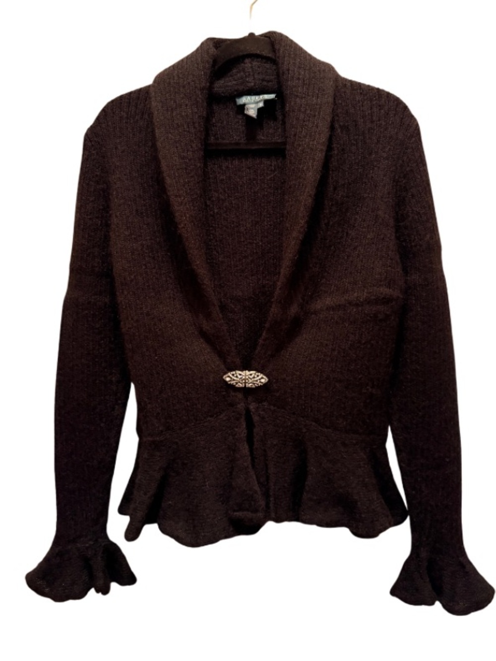 Ralph Lauren Black Shawl Collar Mohair Sweater with Rhinestone Closure